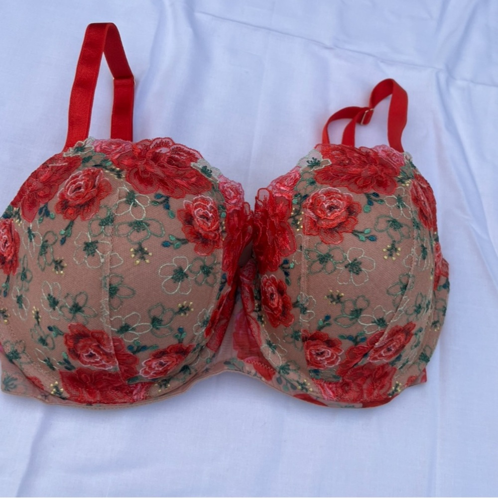 Victoria's Secret Red and Green Floral Lace Bra